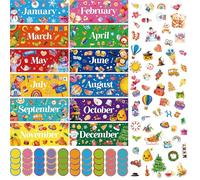 112 PCS Holiday Monthly Headliners, 12 Months of The Year Bulletin Board Decors in Different Themes, 40 Colorful Writable Round Cards, 60 Various Cutouts, Great Wall Decorations for School, Classroom