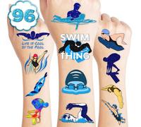 112 PCS Swimming Temporary Tattoos Birthday Party Decorations Supplies Favors Swim Team Pool Waves Summer Beach Themed Decor Stickers For Boys Girls Gift School Prizes Rewards