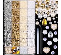 11200PCS Flatback Pearls and Resin Rhinestones for Crafting, Classic 3-10mm Half Pearls and 6mm AB Rhinestones with Pickup Tools, Teardrop Gems for DIY Crafts Nail Art