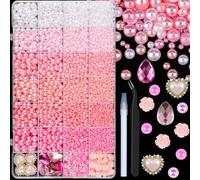 11200PCS Flatback Pearls and Resin Rhinestones for Crafting, Pink Gradient 3-8mm Half Pearls and 3-6mm Jelly Rhinestones with Pickup Tools, Teardrop Gems for DIY Crafts