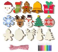 112pcs Wooden Christmas Ornaments Crafts, 10 Shapes Wooden Christmas Tree Decorations with 12 Color Pens, Red and White Twine, Unfinished Wood Baubles Slices for Crafting