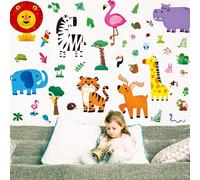 113 PCS Animal Wall Stickers, Self-Adhesive Vinyl Decals-Zebra, Flamingo, Giraffe, Lion, Elephant, Deer, Tiger, Hippo & Plants, Jungle Animals Decors for Baby Nursery, Kids Room, Playroom, Classroom