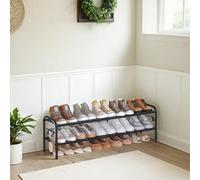 (114x28x35cm) Shoe Rack, 2-Tier Shoe Organizer, Metal Shoe Shelf Storage with 4 Side Hooks, Holds 12 Pairs of Shoes, Height-Adjustable Shoe Rack