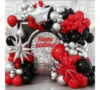 115 Pcs Red Black and Silver Balloon Arch Kit,Big Metallic Silver Crown,Explosion Star Foil Balloons Garland for Boys Men Birthday Party Decorations