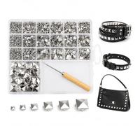 1170Pcs Square Pyramid Studs 6 Sizes Leather Rivet Kit Silver with Awl Tool | Four Pronged Metal Studs in 6 Sizes for Decorating Jackets Shoes Pet Collars Bags and DIY Craft Projects