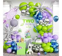 117PCS Purple Green Balloon Arch Kit, Space Birthday Decorations Lime Green Purple Metallic Blue Silver Balloons with Star Balloon Garland for Kids Boys Space Monster Toy Theme Baby Showr Party Decor