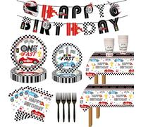 117pcs Race Car 1st Birthday Party Decorations, Fast One Checkered Flag Party Plates Napkins Cups Banner Racing Tablecloths for Boys Racing Car Theme 1st Party Supplies Decorations