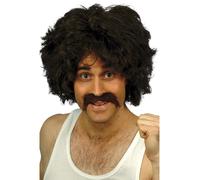 118 118 Retro Wig + Tash Brown 80s Adults Fancy Dress Mens Kit Brown