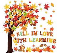 118 PCS Fall Classroom Tree Decorations Maple Leaves Bulletin Board Cutouts Fall in Love with Learning Decors Autumn Party Supplies with Glue Points for School Blackboard Chalkboard