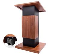 118CM Wood Podium Stand with 4 Lockable Wheels，44.6“ Wooden Lectern with Storage，Wooden Standing Pulpit with Wire Hole for Office School Conference Restaurant Meeting Auditorium