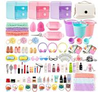 118pcs Dollhouse Mini Jewelry Storage Case Cosmetic Handbag Towel Bathroom Set Accessories Toothbrush Shampoo Purse Decoration Doll Backpack Girls Micro Scene