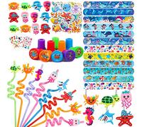 118PCs Under the Sea Party Favors Ocean Sea Animals Keychain Ring Stamps Tattoos Drinking Straws Cute Sea Animal Party Favors for Kids Birthday Party Supplies Goodie Bag Fillers