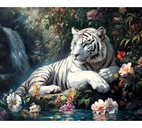 11CT Animal Diy Stamped Cross Stitch Kits For Adults Fantasy White Tiger And Flowers Cross Stitch Kits Counted Printed Embroidery Set With Needles Scissor Threaders For Adults Beginners 40x50cm