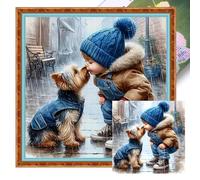 11CT Cross Stitch Kit Full Embroidery, Cute Yorkie & Child Design, 40x40cm Eco Cotton Thread DIY Canvas Wall Art, Handmade Pet Gift for Adults & Home Decor Lovers