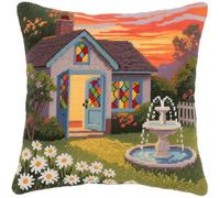 11CT Cross Stitch Pillow Kit, Countryside Cottage Cushion Embroidery Kit 45X45cm Cross Stitch Cushion Cover pre Printed Handmade Cushion Cover Kits