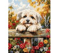 11CT Dog Animal Diy Stamped Cross Stitch Kits For Adults Cocker Spaniel Climbing On The Fence Stamped Cross Stitch Kits With Needles Scissor Threaders Punch Needle Set For Home Wall Deco 50x70cm