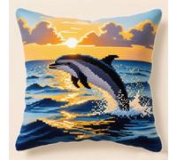 11CT Stamped Embroidery Kit,Marine Animals Dolphins,DIY Needlework Cushion Cover Kits Handmade Set Craft Sofa Home Decor Gift,18x18in