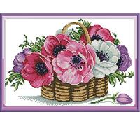 11ct Stamped Pre-Printed Cross Stitch Kit Embroidery Kit Wall Decor Tapestry Gift for Her Beautiful Pink Purple White Flowers in Basket 11CT 47X35cm, 18.5''x13.78''