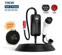 11KW 16A Portable Charger Type 2 Adjustable Current Reservation Time Charging Box CEE Plug IEC62196-2 Electric Vehicle Charger 11KW 16A 3 Phase 5M