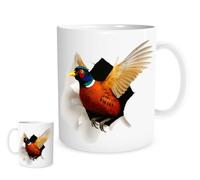 11oz Ceramic Coffee Mug with a Ring-Necked Pheasant Breaking Through White Wall - Wildlife Bird Lover Gift, Dishwasher & Microwave Safe