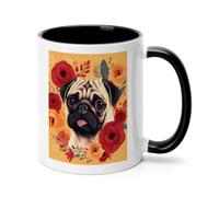 11oz Ceramic Coffee Mug with Comfortable Handle, Novelty Tea Cup for Women | Dishwasher and Microwave Safe, Pug Flower Coffee Cups, Aesthetic Drinking Cup for Home Office Gift