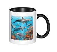 11oz Double Color Ceramic Mug Funny Dolphins Sea Turtle Octopus Coral Reef Print Coffee & Tea Cup Two-Tone Gift Mug for Women & Men