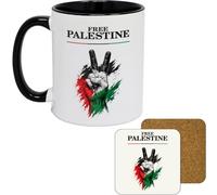 11oz Mug | Free Palestine V1 | Printed Funny Gift Idea Cup Tea Coffee | Black Inner & Handle, Cork-Backed Coaster, 330ml Capacity, Vibrant Full Colour Print, Smash Proof Gift Box