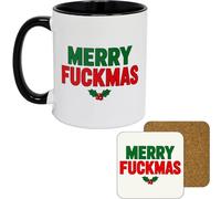 11oz Mug | Merry Fuckmas | Printed Funny Gift Idea Cup Tea Coffee | Black Inner & Handle, Cork-Backed Coaster, 330ml Capacity, Vibrant Full Colour Print, Smash Proof Gift Box