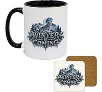11oz Mug | Winter is Coming | Printed Funny Gift Idea Cup Tea Coffee | Black Inner & Handle, Cork-Backed Coaster, 330ml Capacity, Vibrant Full Colour Print, Smash Proof Gift Box