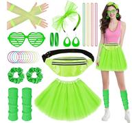 11Pcs 80s Fancy Dress for Women, Costume Outfits Accessories Set Tutu Skirt Leg Warmers Fishnet Gloves Earrings Bracelet Necklace Headband, 1980s Fancy Dress Outfit for Retro Theme Party Cosplay Dress