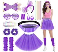 11Pcs 80s Fancy Dress for Women, Costume Outfits Accessories Set Tutu Skirt Leg Warmers Fishnet Gloves Earrings Bracelet Necklace Headband, 1980s Fancy Dress Outfit for Retro Theme Party Cosplay Dress