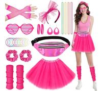 11Pcs 80s Fancy Dress for Women, Costume Outfits Accessories Set Tutu Skirt Leg Warmers Gloves Earrings Bracelet Necklace Headband, 1980s Fancy Dress Outfit for Retro Theme Party Cosplay Dress Up
