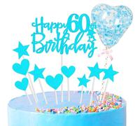 11pcs Blue Happy 60th Birthday Cake Toppers,Personalised Cake Topper for Man&Woman,60th Birthday Cake Decorations Glitter Cupcake Toppers Cake Toppers Kits 5 Star 4 Heart with Balloon