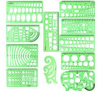 11PCS Geometric Drawings Templates, Drafting Stencils Measuring Tools, BetyBedy Plastic Clear Green Ruler Shapes with a Zipper Bags for Architecture, Office, Studying, Designing and Building