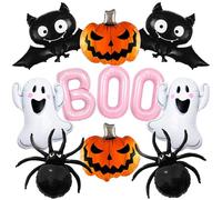 11PCS Halloween Party Balloons Decorations, Cute Ghost Bat Spider Pumpkin Mylar Balloon Halloween Pink BOO Foil Balloons for Birthday Baby Shower Trick or Treat Party Decor