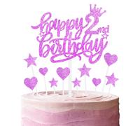11pcs Happy 2nd Birthday Cake Toppers - Hot Pink Glitter Heart Stars for Girls' 2nd Birthday Cake Decorations