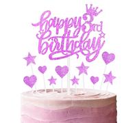 11pcs Happy 3rd Birthday Cake Toppers, Hot Pink Cake Cupcake Toppers for Cake, Glitter Heart Stars Cake Toppers, Birthday Gift, Personalised Cake Topper for Girls Babies 3rd Birthday Cake Decorations