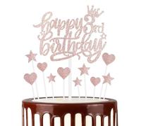 11pcs Happy 3rd Birthday Cake Toppers - Rose Gold & Glitter Heart Stars for Girls' 3rd Birthday Cake Decorations