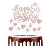 11pcs Happy 5th Birthday Cake Toppers - Rose Gold & Glitter Heart Stars for Girls' 5th Birthday Cake Decorations