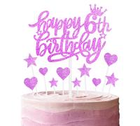 11pcs Happy 6th Birthday Cake Toppers - Hot Pink Glitter Heart Stars for Girls' 6th Birthday Cake Decorations