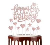 11pcs Happy 8th Birthday Cake Toppers - Rose Gold & Glitter Heart Stars for Girls' 8th Birthday Cake Decorations