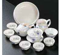 11PCS Hollow Honeycomb Kung Fu Tea Set Blue and White Porcelain Drinkware Ceramic Glass Teacup Teapot Gaiwan Strainer Fair Cup (A2)