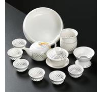 11PCS Hollow Honeycomb Kung Fu Tea Set Blue and White Porcelain Drinkware Ceramic Glass Teacup Teapot Gaiwan Strainer Fair Cup (M)