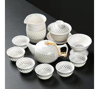 11PCS Hollow Honeycomb Kung Fu Tea Set Blue and White Porcelain Drinkware Ceramic Glass Teacup Teapot Gaiwan Strainer Fair Cup (J)
