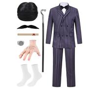 11Pcs Men Pinstripe Suit 1920s Gangster Costume Adult Halloween Outfit, Black, Medium