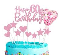 11pcs Pink Happy 60th Birthday Cake Toppers,Personalised Cake Topper for Man&Woman,60th Birthday Cake Decorations Glitter Cupcake Toppers Cake Toppers Kits 5 Star 4 Heart with Balloon