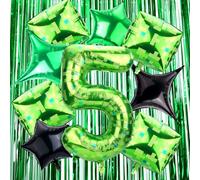 11pcs Pixel Style Birthday Party Decorations Set, Green Number Balloon, Pixel Balloons and Fringe Curtains Kit for Kids Boys Girls Video Game Theme Party Backdrop Supplies (Number 5)