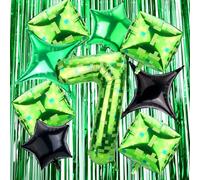 11pcs Pixel Style Birthday Party Decorations Set, Green Number Balloon, Pixel Balloons and Fringe Curtains Kit for Kids Boys Girls Video Game Theme Party Backdrop Supplies (Number 7)