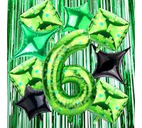 11pcs Pixel Style Birthday Party Decorations Set, Green Number Balloon, Pixel Balloons and Fringe Curtains Kit for Kids Boys Girls Video Game Theme Party Backdrop Supplies (Number 6)