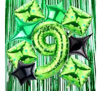 11pcs Pixel Style Birthday Party Decorations Set, Green Number Balloon, Pixel Balloons and Fringe Curtains Kit for Kids Boys Girls Video Game Theme Party Backdrop Supplies (Number 9)